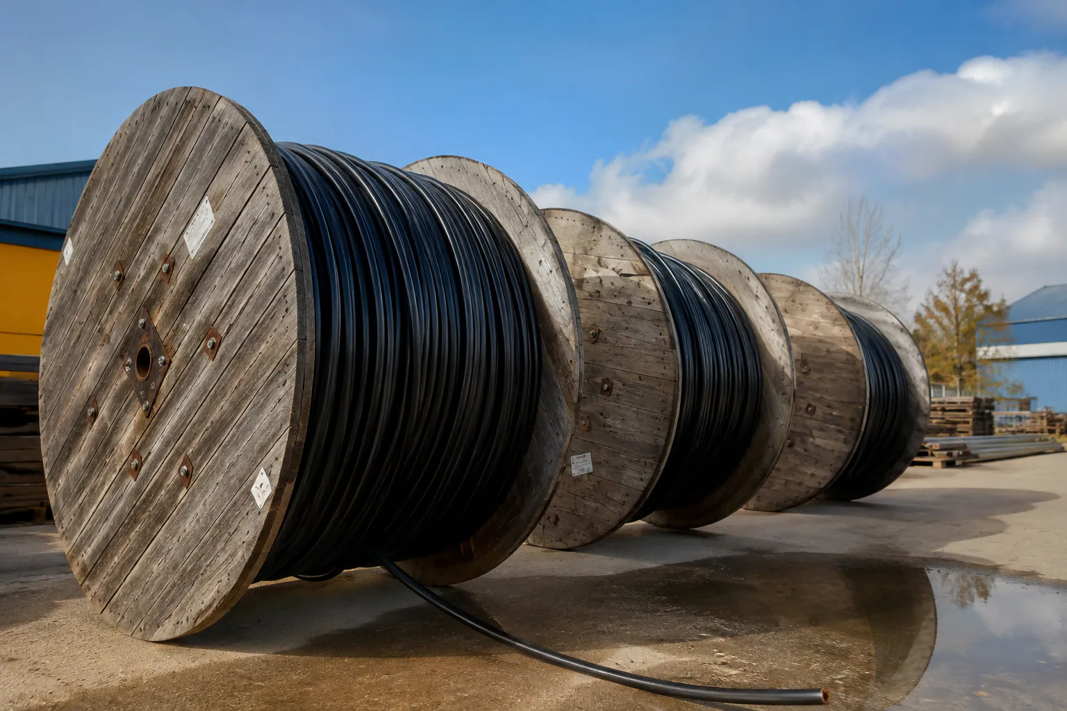 Açık endüstriyel alanda büyük kablo makaraları